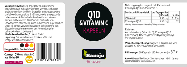 Hanoju Coenzyme Q10 250mg + Vitamin C 250mg Kapseln, A-Nr.: 4256400 - 02